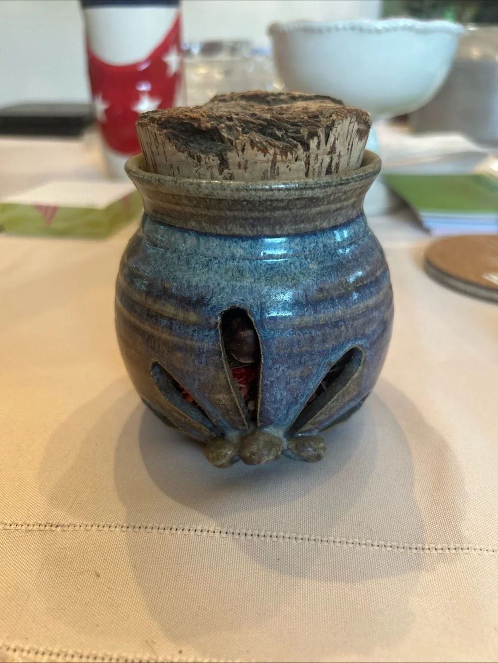 Blue Ceramic Jar Potpourie Holder with Cork Top - Home Accents
